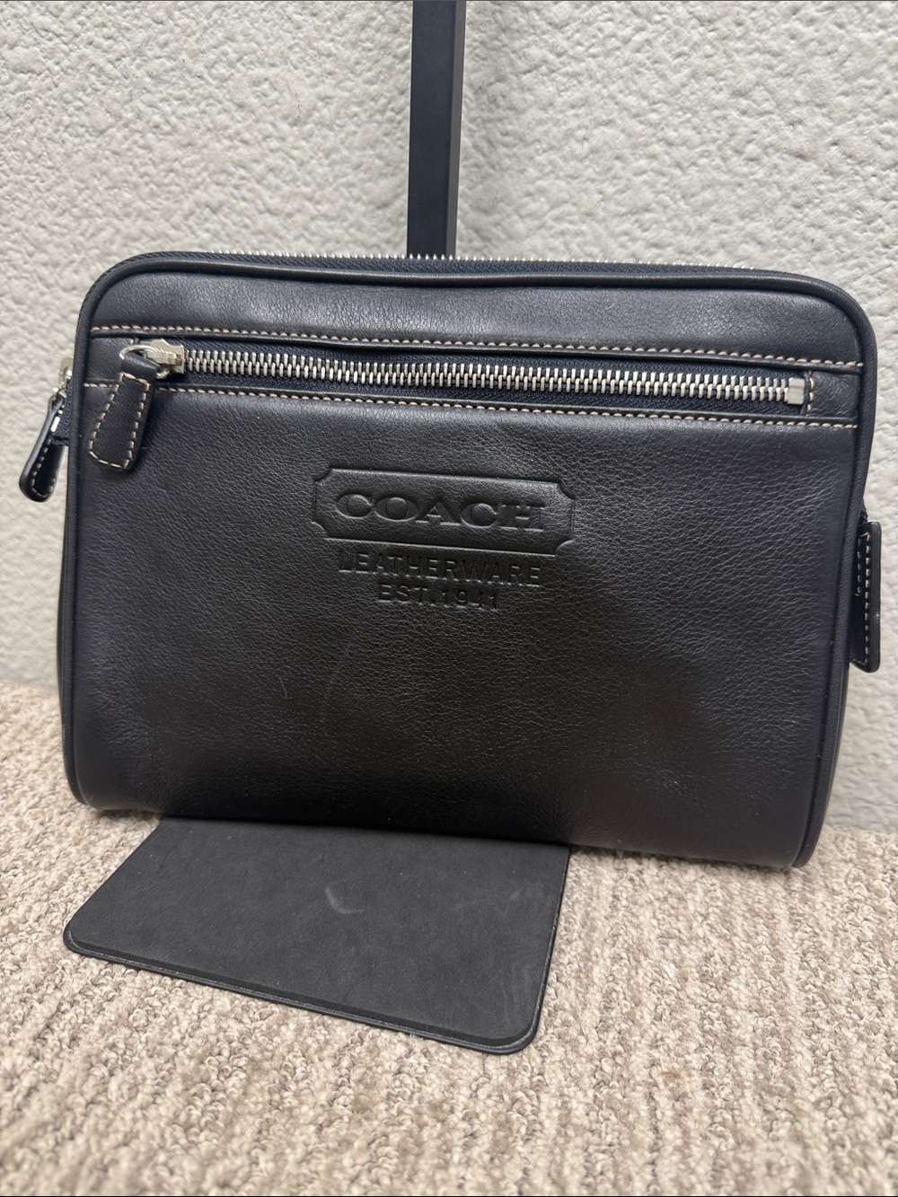 Vintage Coach Black Leather Pouch with Front Zip Pocket